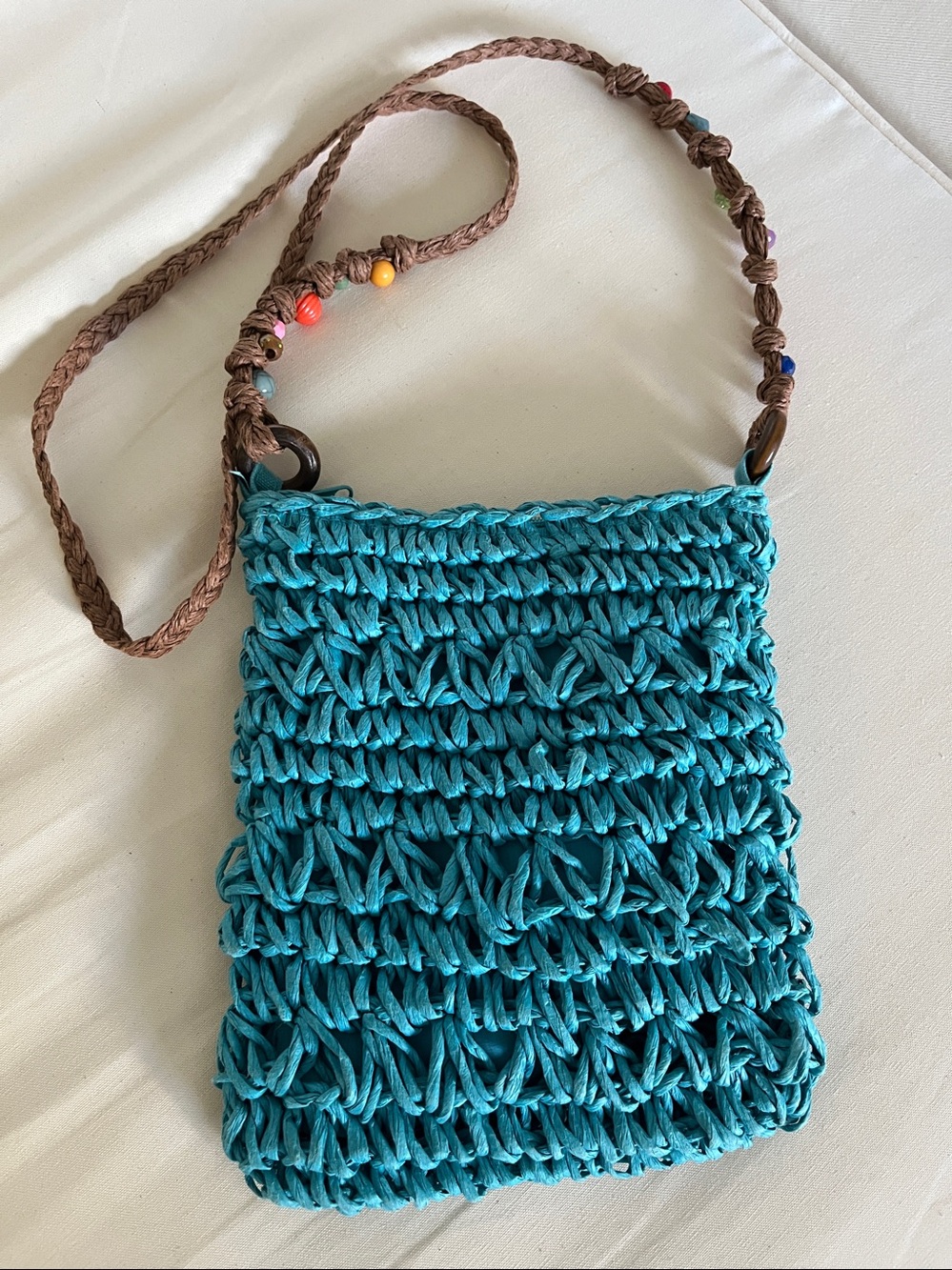 Bohemian Teal Crochet Crossbody Bag, Beaded Strap, zip closure, 1 inside pocket